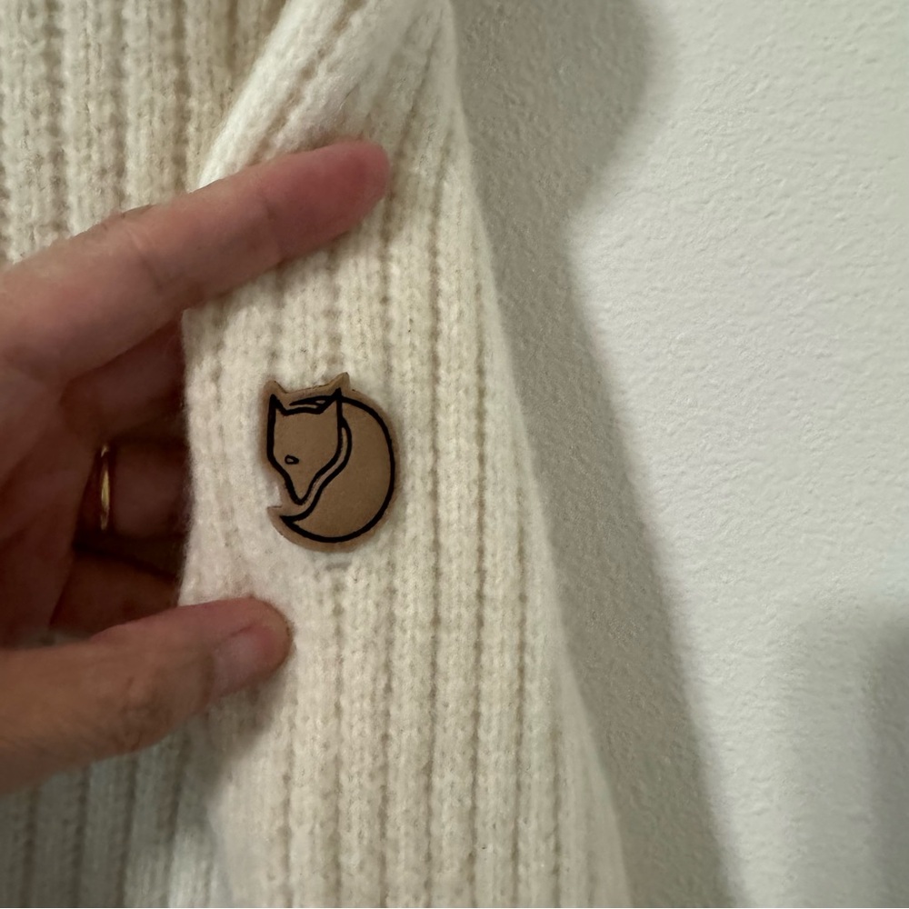 Fjällräven Övik Half Zip Knit Wool Sweater Chalk White Brown Elbow Patch-Small - Picture 6 of 12